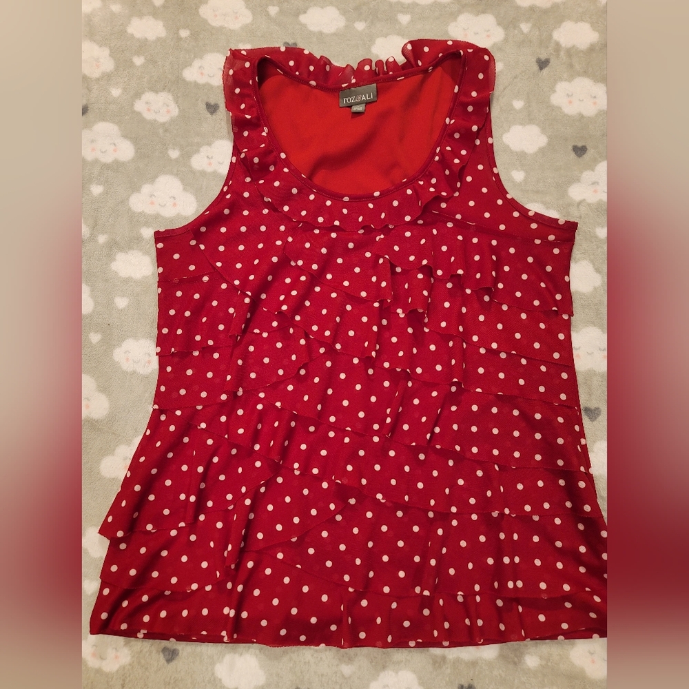 Roz&ALI Red Ruffle Polka Dot Sleeveless Top L